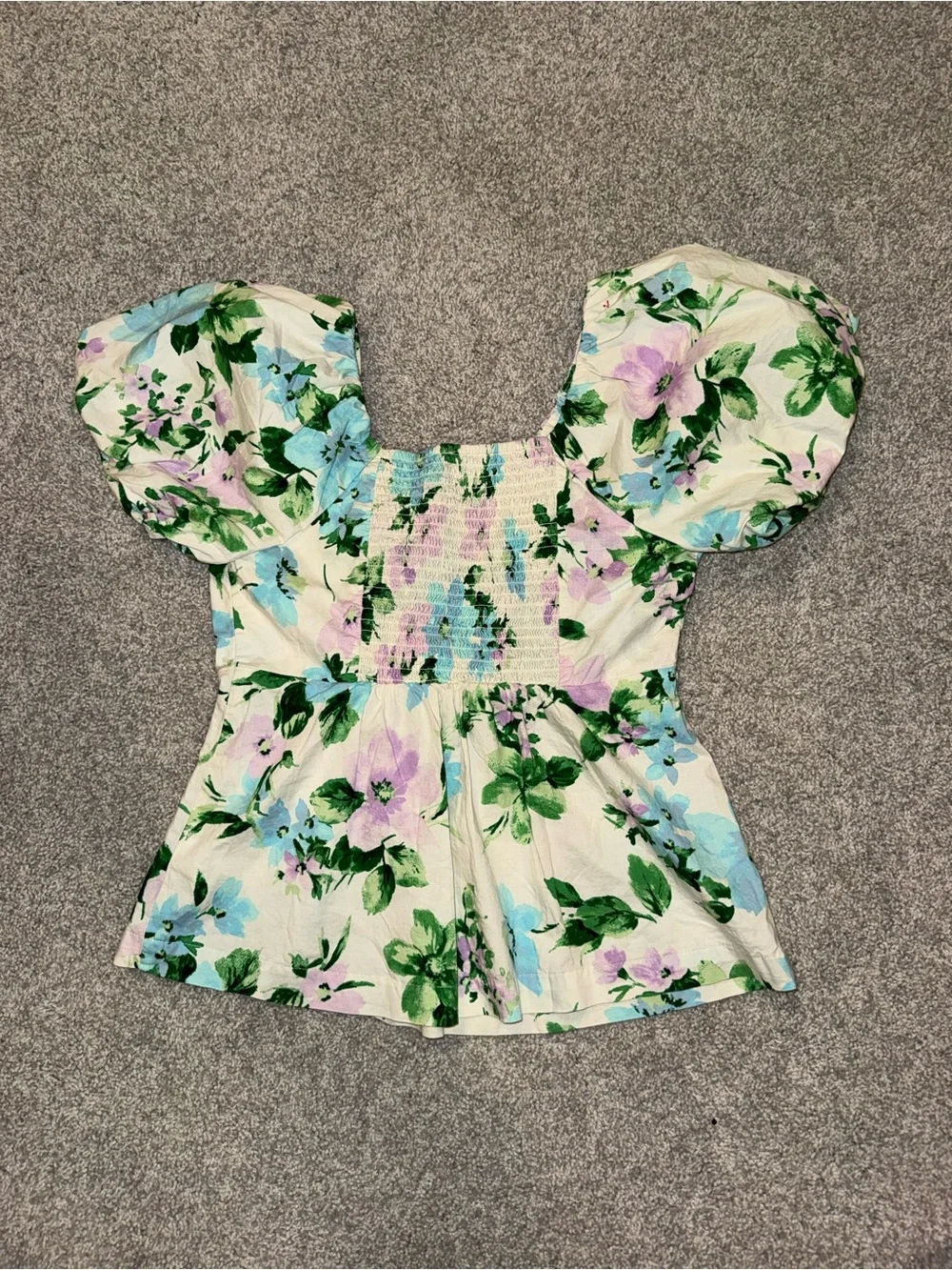 Cream Floral Puff-Sleeve Smocked Peplum Top
